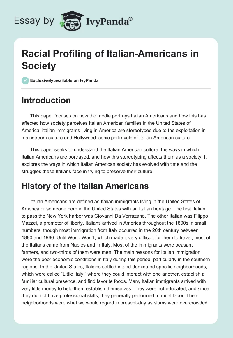 Racial Profiling of Italian-Americans in Society. Page 1