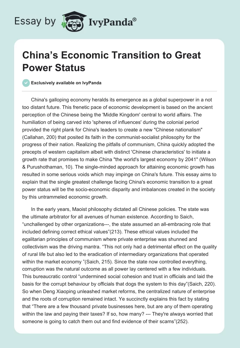 China’s Economic Transition to Great Power Status. Page 1