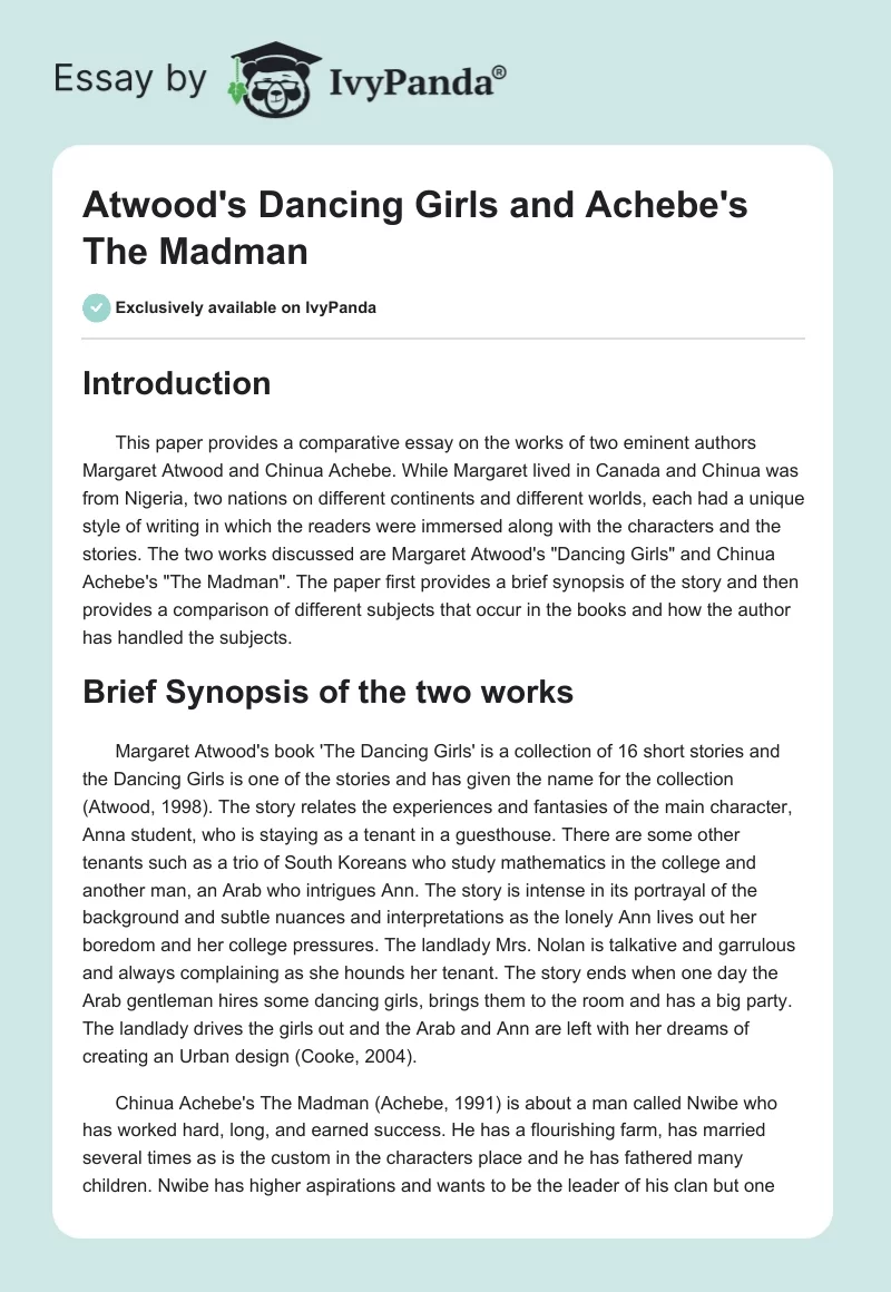 Atwood's "Dancing Girls" and Achebe's "The Madman". Page 1