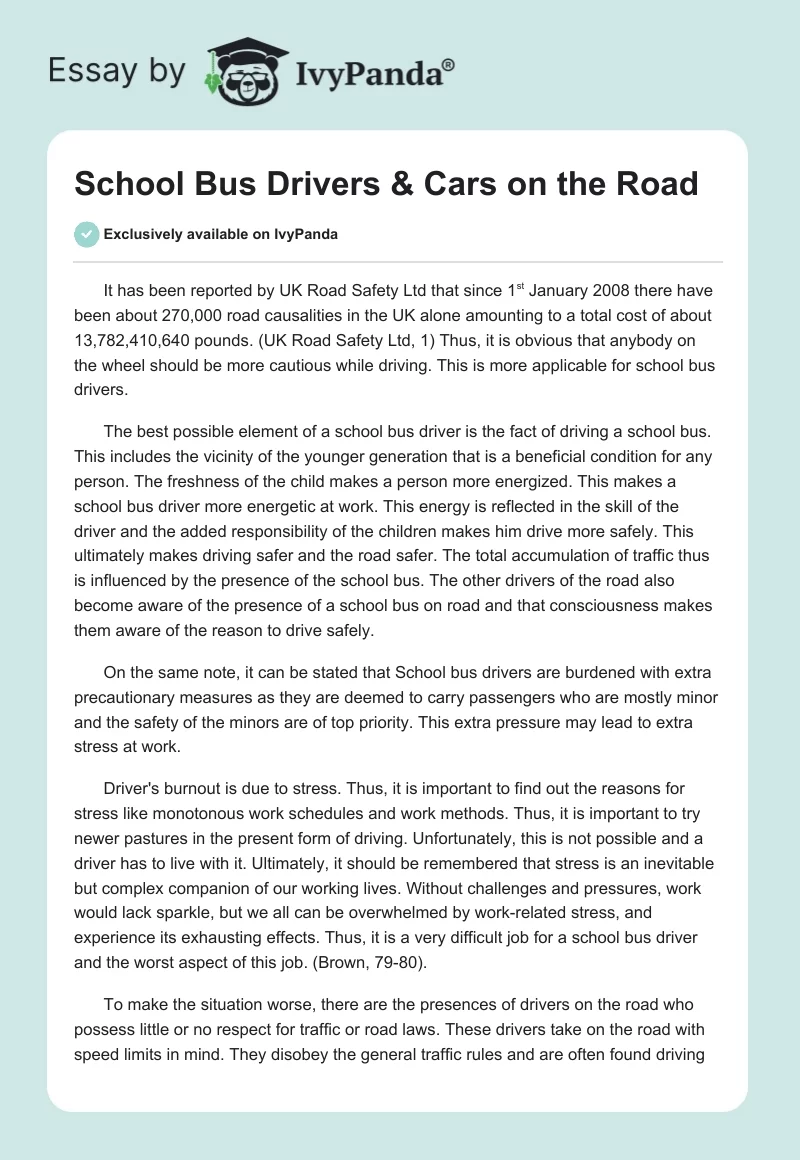School Bus Drivers & Cars on the Road. Page 1