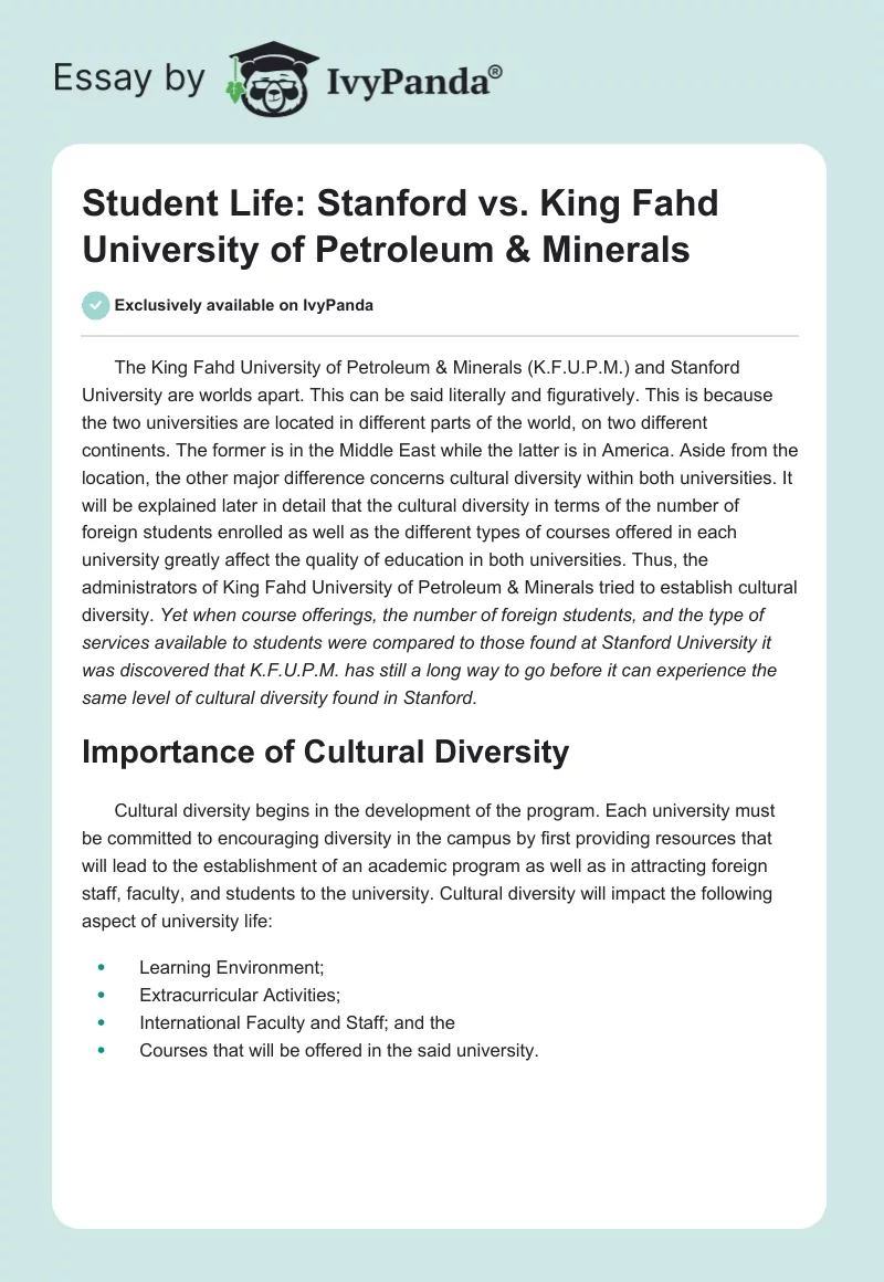 Student Life: Stanford vs. King Fahd University of Petroleum & Minerals. Page 1