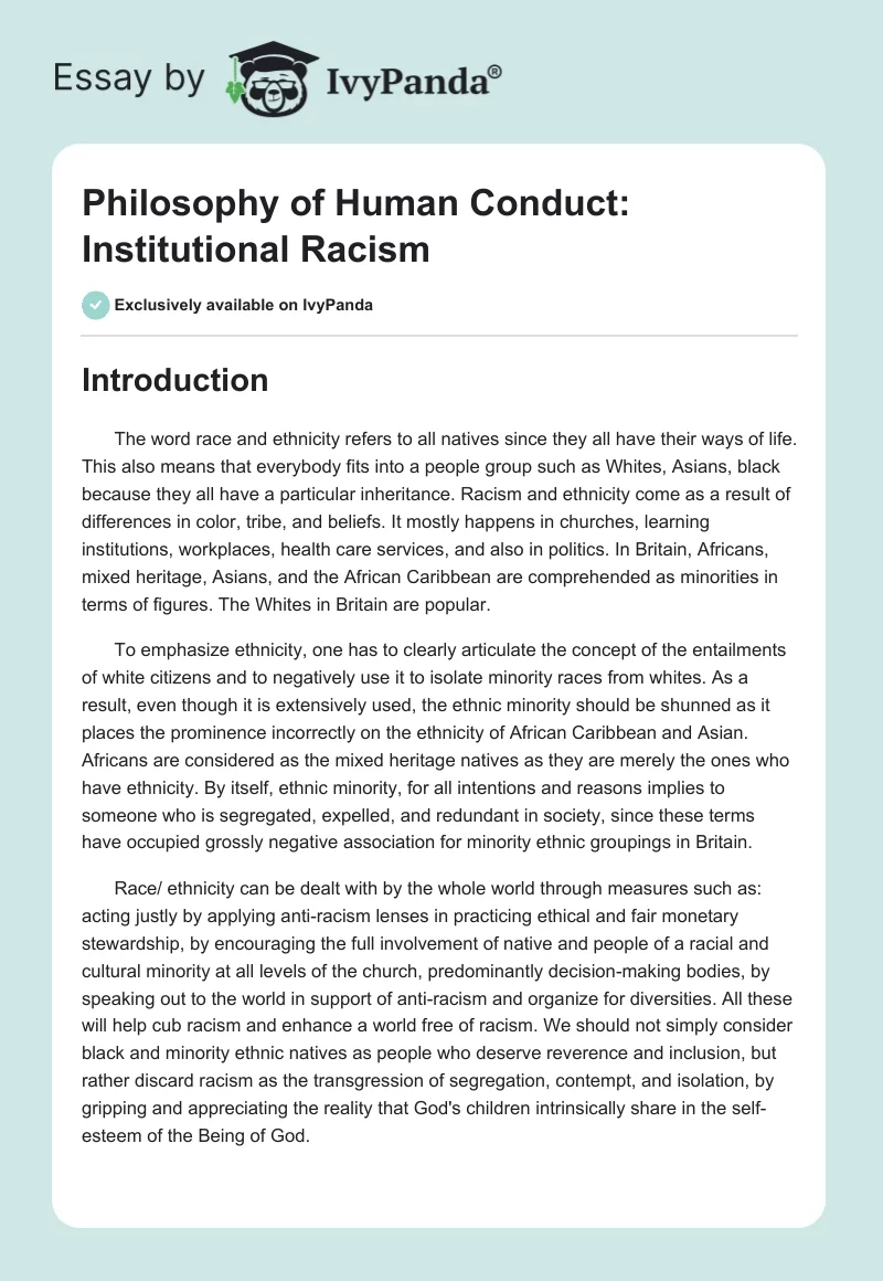 Philosophy of Human Conduct: Institutional Racism. Page 1