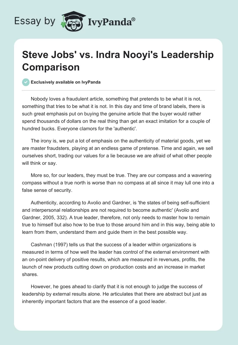 Steve Jobs' vs. Indra Nooyi's Leadership Comparison. Page 1