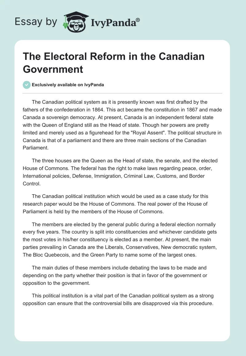 The Electoral Reform in the Canadian Government. Page 1