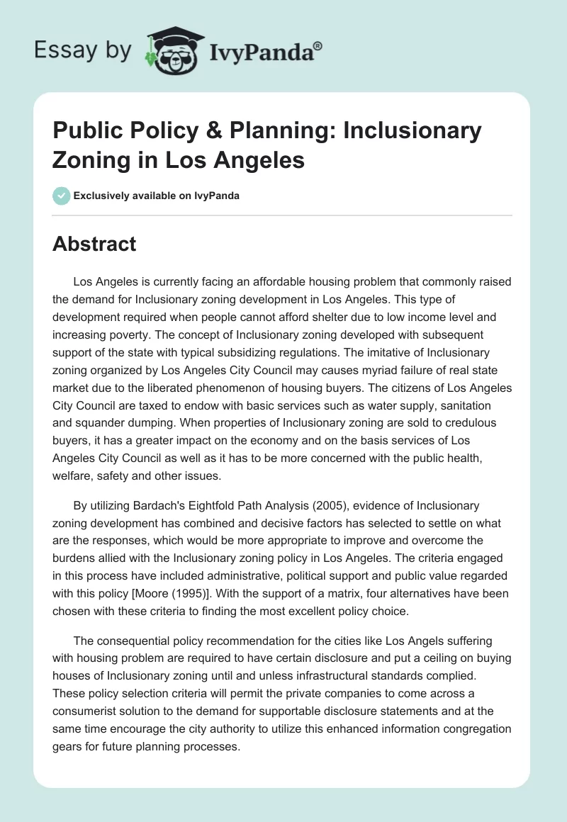 Public Policy & Planning: Inclusionary Zoning in Los Angeles. Page 1