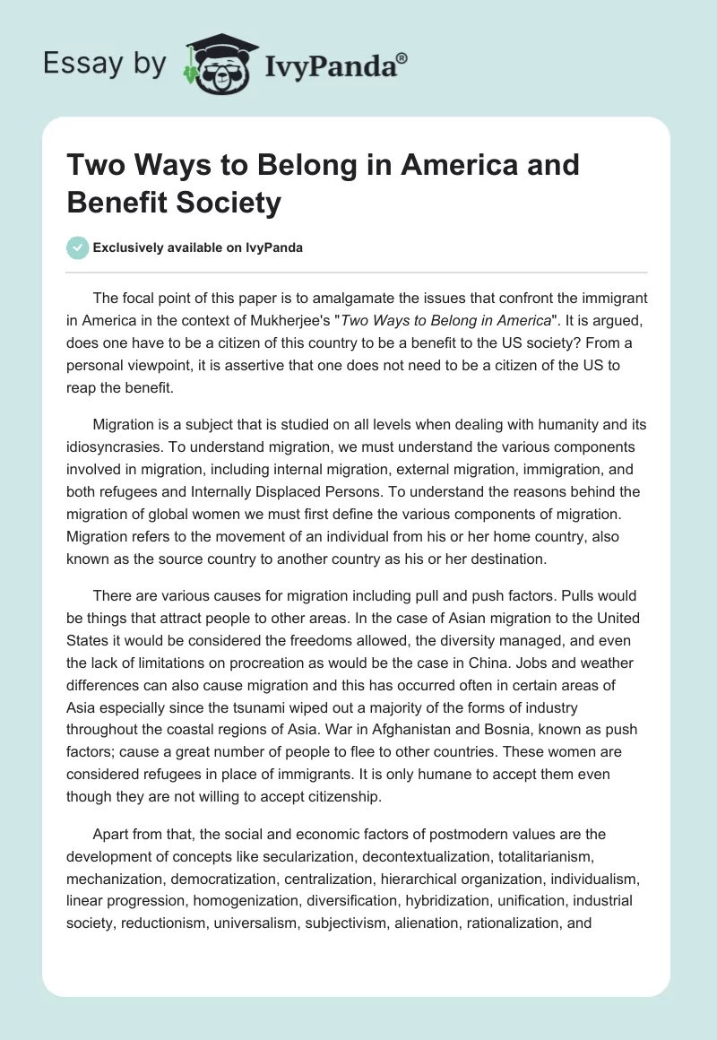 Two Ways to Belong in America and Benefit Society. Page 1