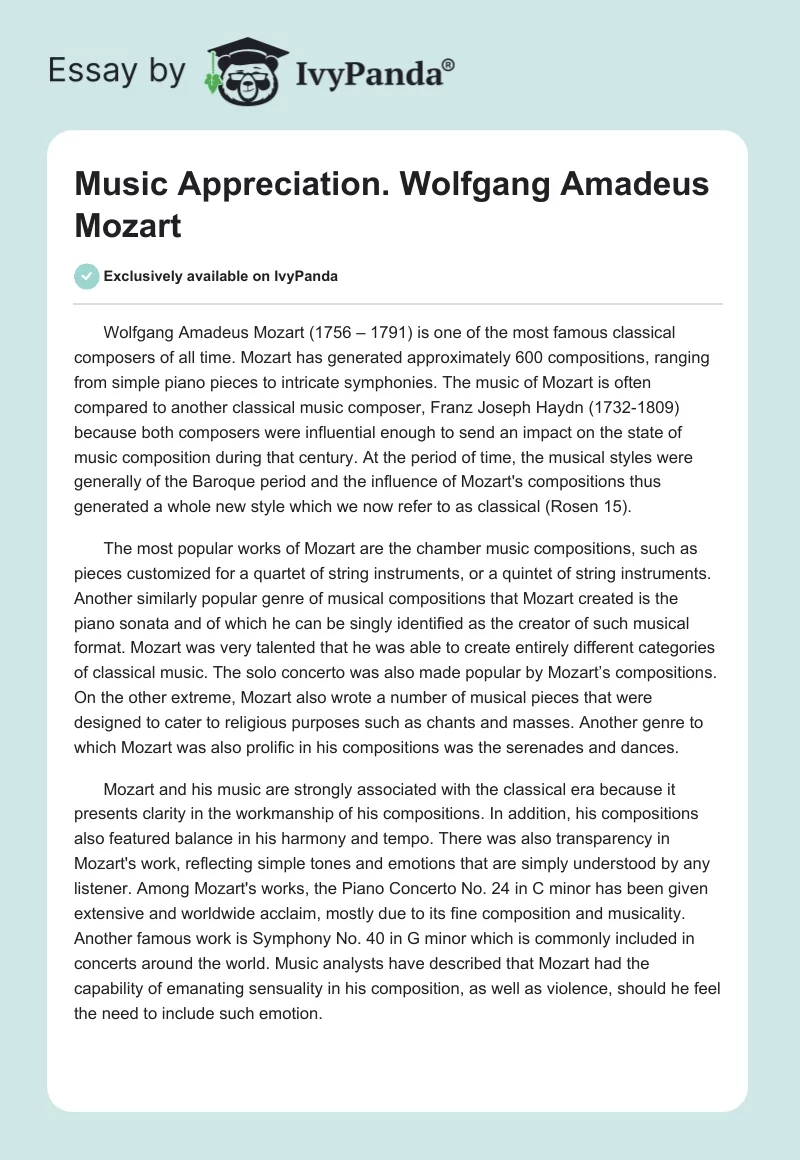 Music Appreciation. Wolfgang Amadeus Mozart. Page 1