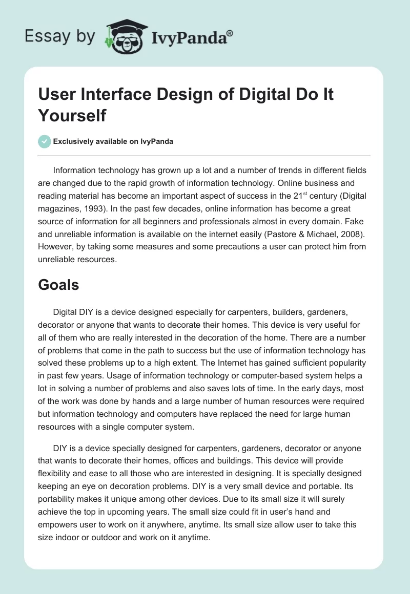 User Interface Design of Digital Do It Yourself. Page 1