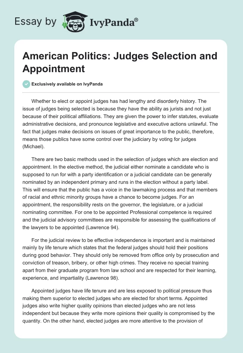 American Politics: Judges Selection and Appointment. Page 1