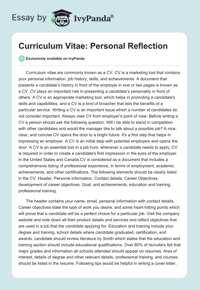 Curriculum Vitae: Personal Reflection. Page 1