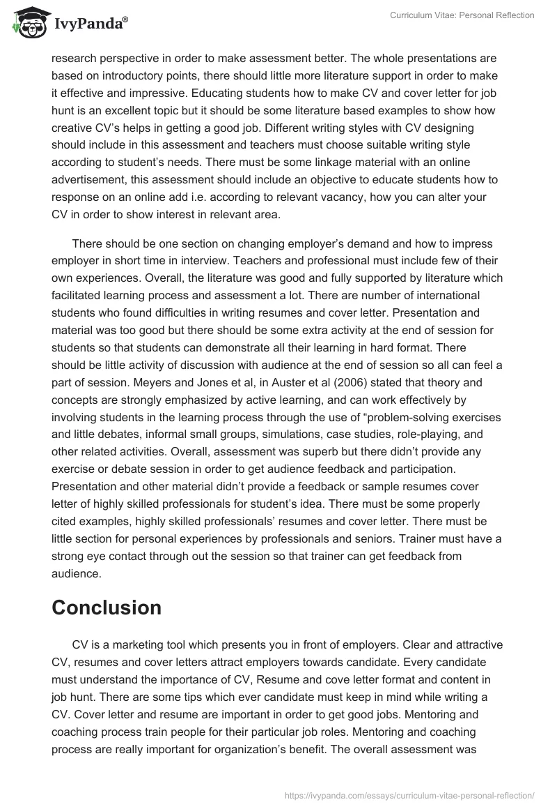 Curriculum Vitae: Personal Reflection. Page 4