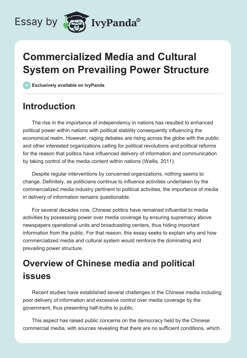Commercialized Media and Cultural System on Prevailing Power Structure. Page 1