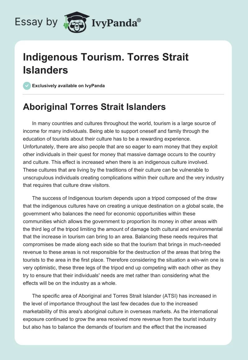 Indigenous Tourism. Torres Strait Islanders. Page 1