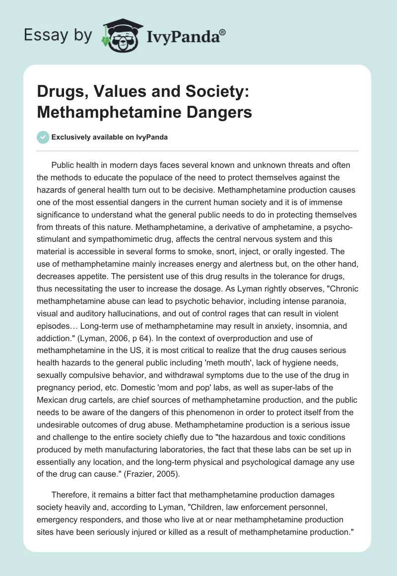 Drugs, Values and Society: Methamphetamine Dangers. Page 1