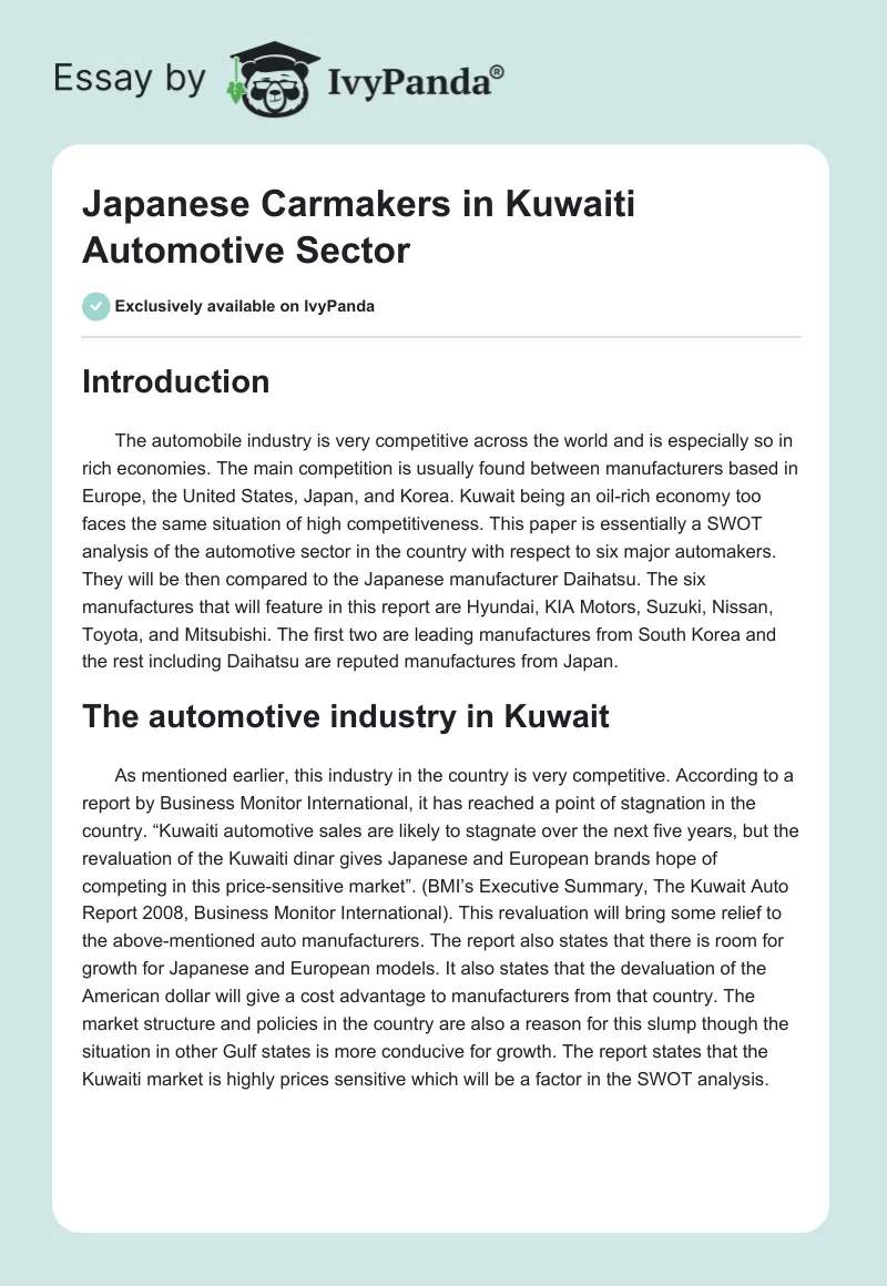 Japanese Carmakers in Kuwaiti Automotive Sector. Page 1