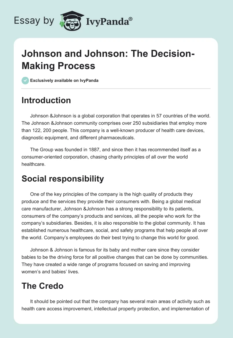 Johnson and Johnson: The Decision-Making Process. Page 1