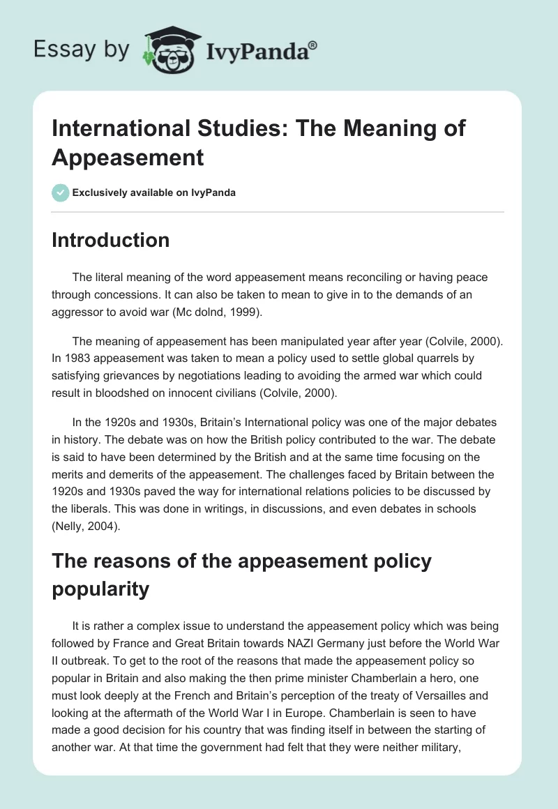 International Studies: The Meaning of Appeasement. Page 1
