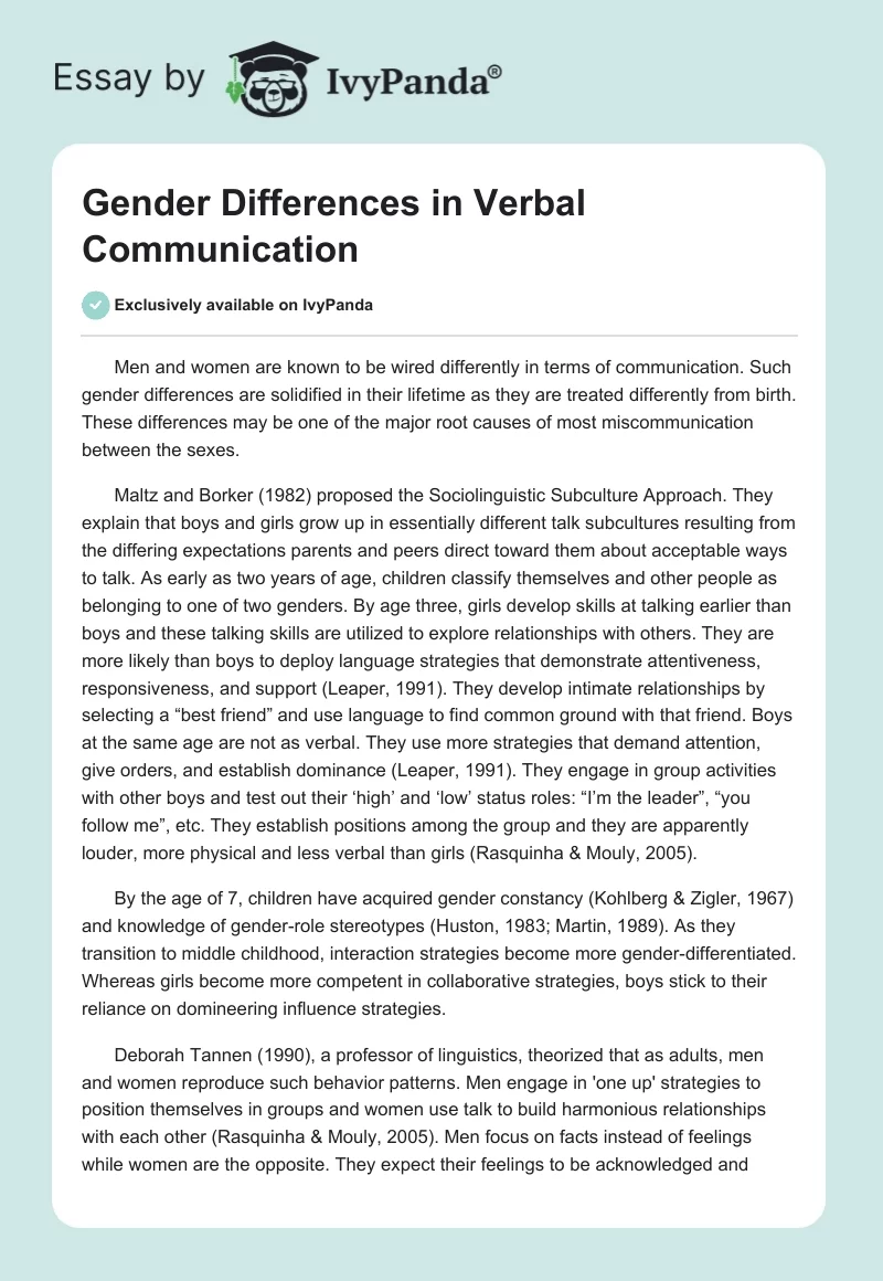Gender Differences in Verbal Communication. Page 1