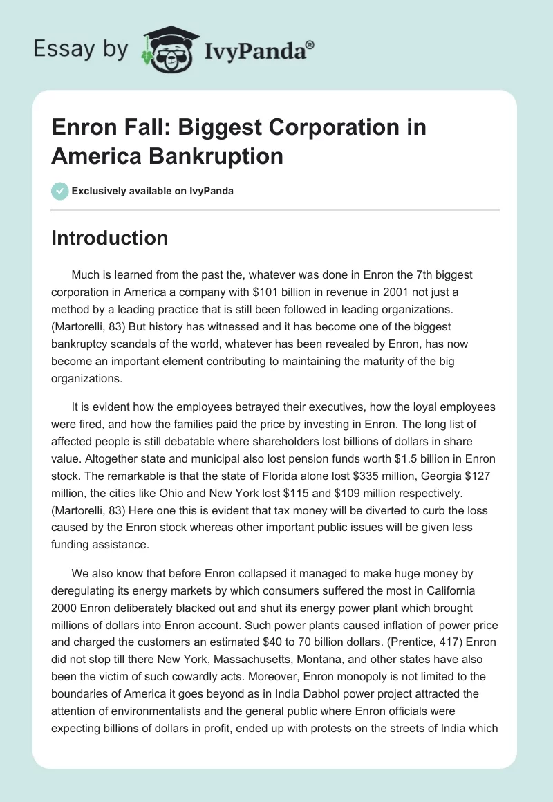 Enron Fall: Biggest Corporation in America Bankruption. Page 1