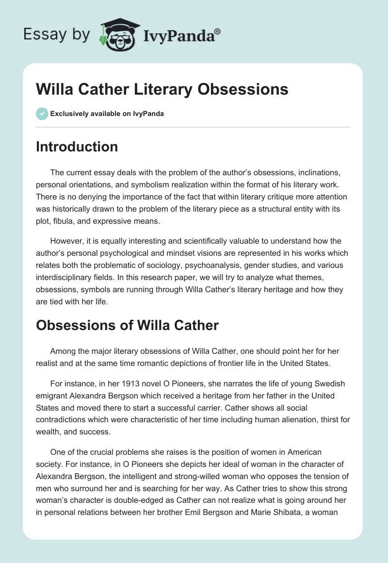 Willa Cather Literary Obsessions. Page 1