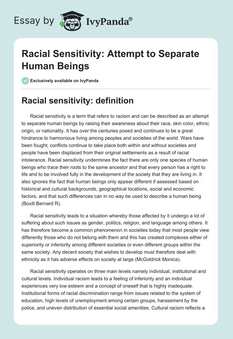 Racial Sensitivity: Attempt to Separate Human Beings. Page 1