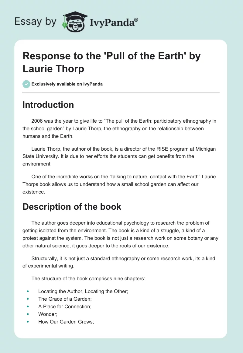 Response to the 'Pull of the Earth' by Laurie Thorp. Page 1