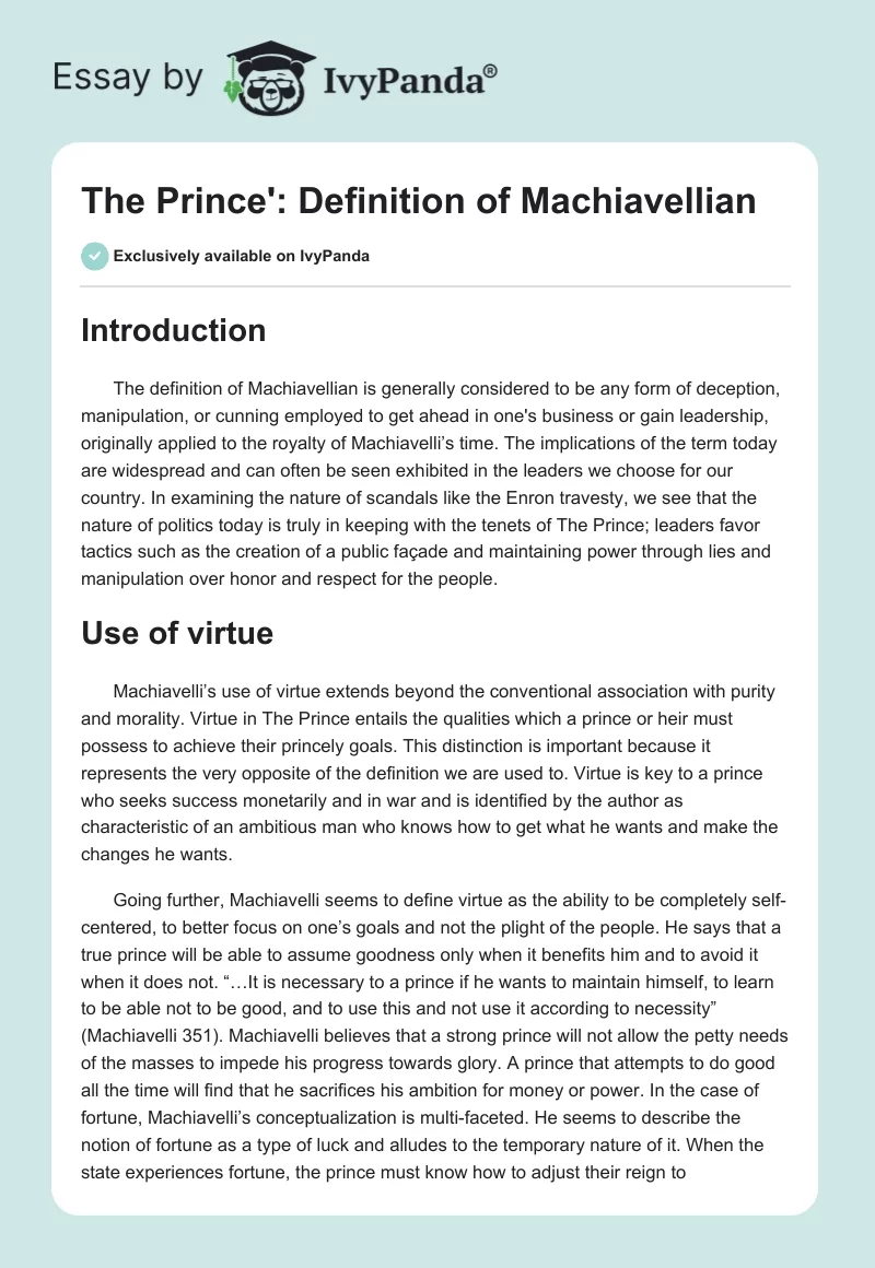 The Prince': Definition of Machiavellian. Page 1