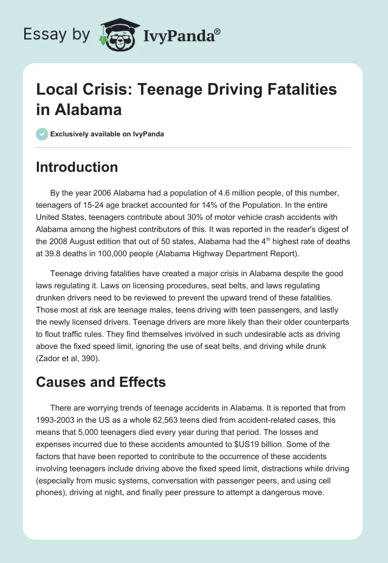 Local Crisis: Teenage Driving Fatalities in Alabama. Page 1