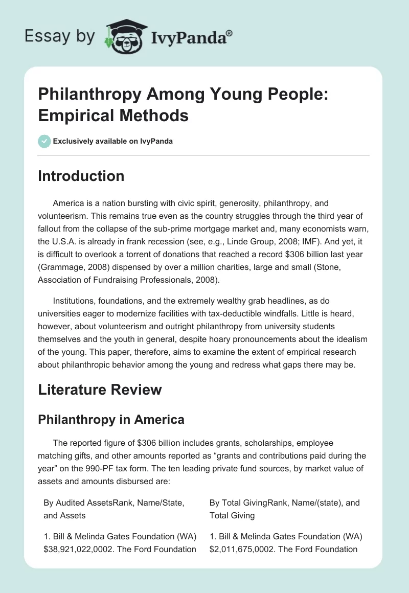 Philanthropy Among Young People: Empirical Methods. Page 1
