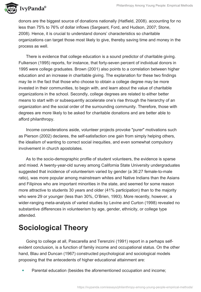 Philanthropy Among Young People: Empirical Methods. Page 4
