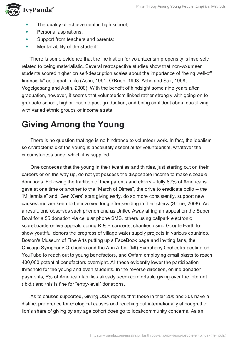 Philanthropy Among Young People: Empirical Methods. Page 5