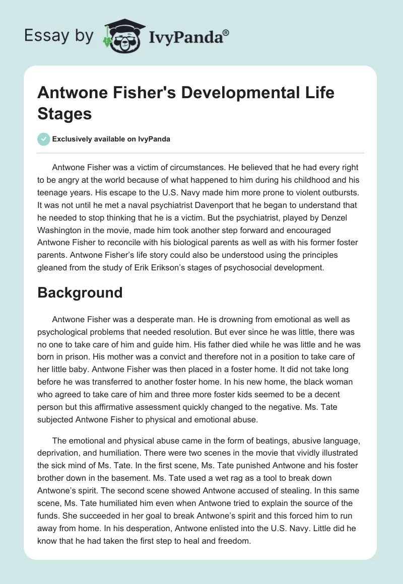 Antwone Fisher's Developmental Life Stages. Page 1