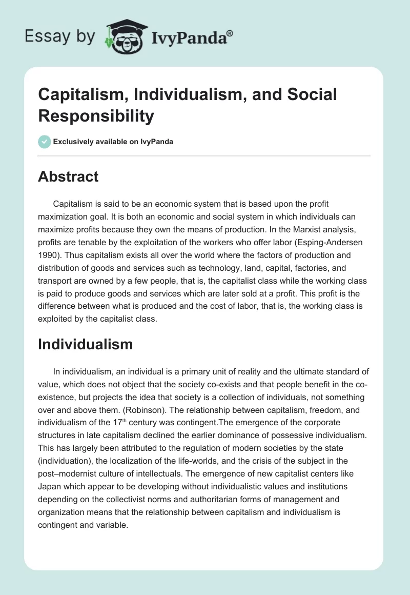 Capitalism, Individualism, and Social Responsibility. Page 1