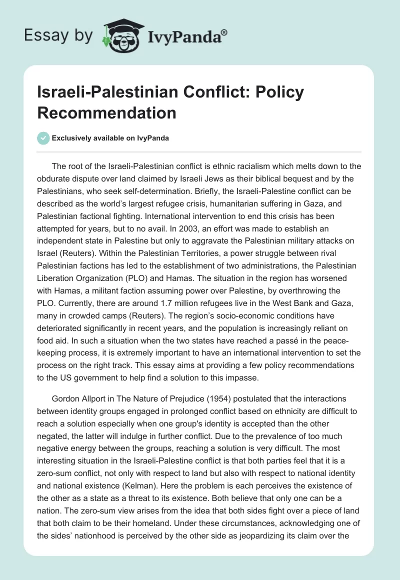 Israeli-Palestinian Conflict: Policy Recommendation. Page 1