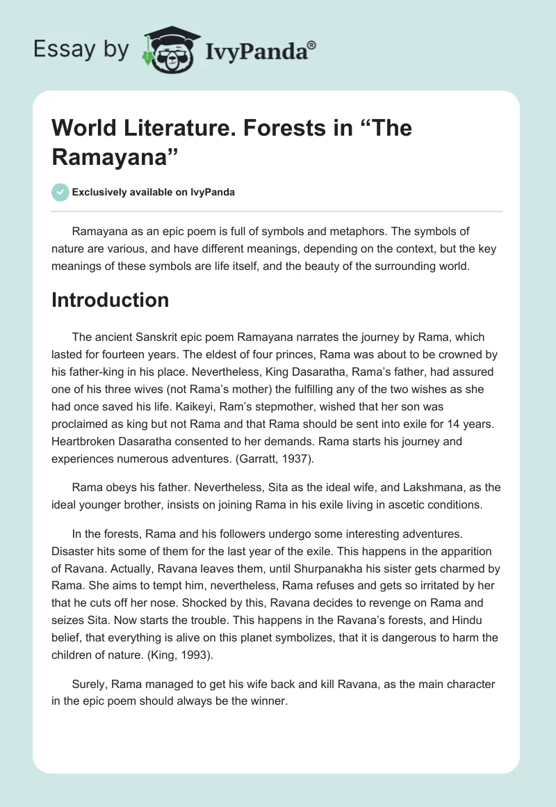 World Literature. Forests in “The Ramayana”. Page 1