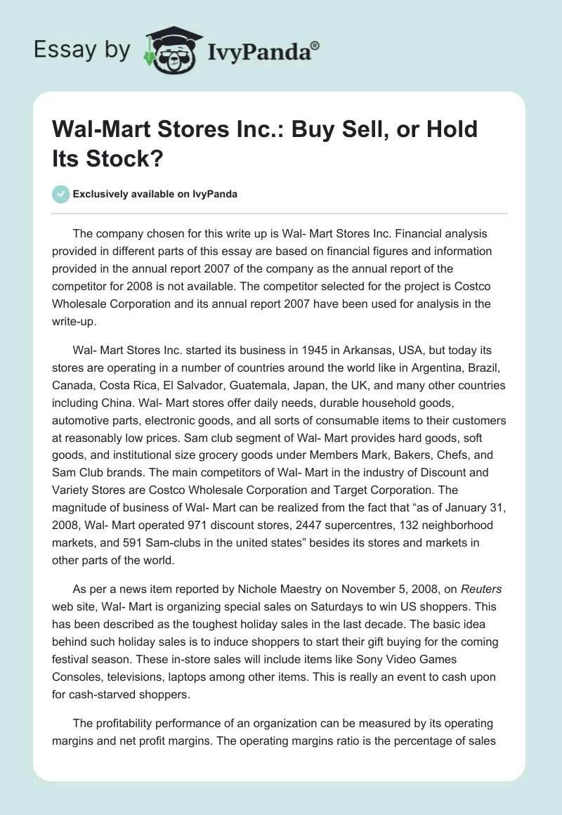 Wal-Mart Stores Inc.: Buy Sell, or Hold Its Stock?. Page 1