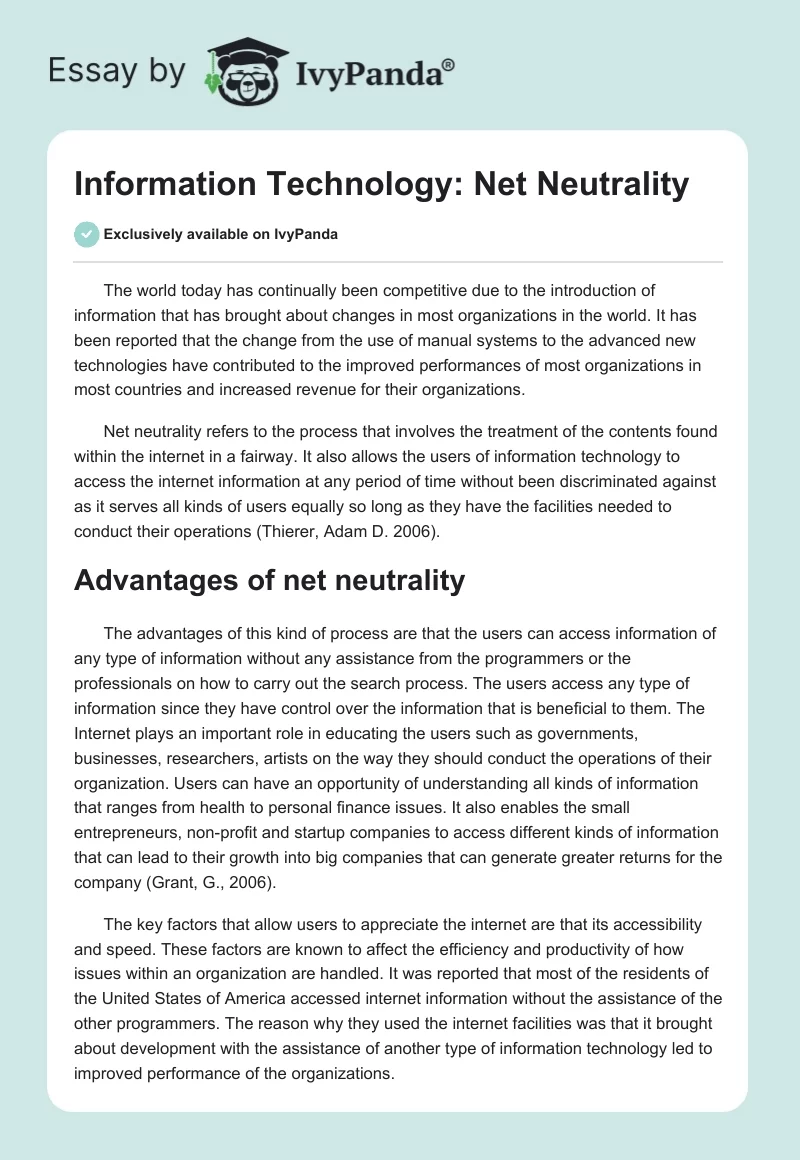 Information Technology: Net Neutrality. Page 1