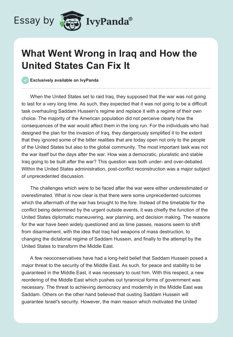 What Went Wrong in Iraq and How the United States Can Fix It. Page 1