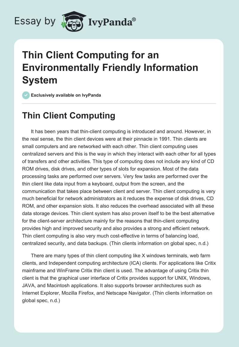 Thin Client Computing for an Environmentally Friendly Information System. Page 1