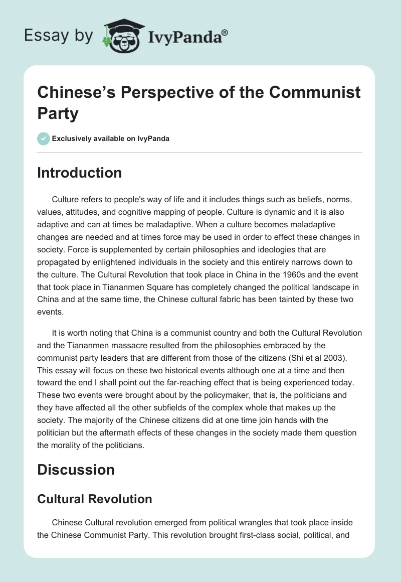 Chinese’s Perspective of the Communist Party. Page 1
