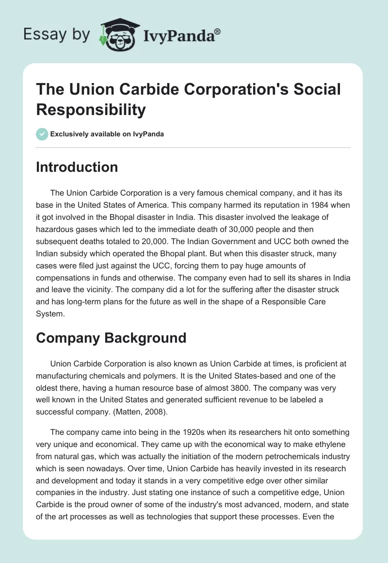 The Union Carbide Corporation's Social Responsibility. Page 1