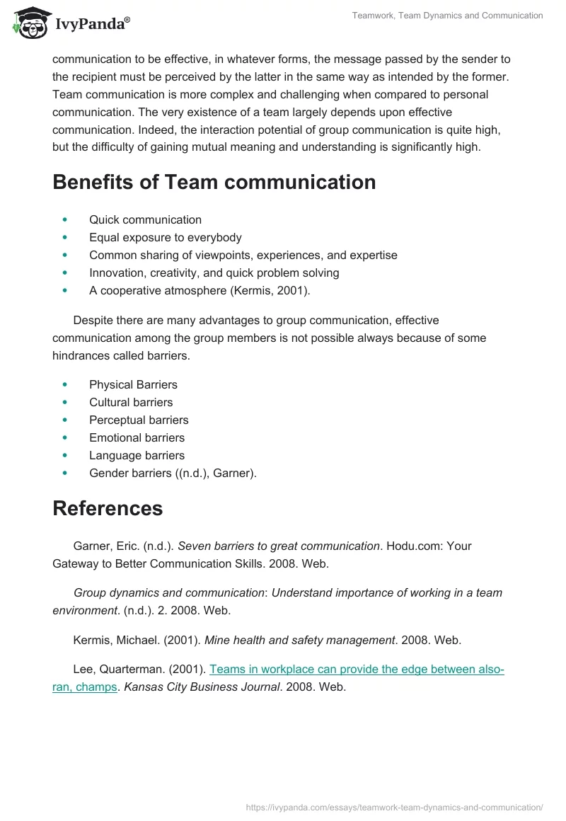 Teamwork, Team Dynamics and Communication. Page 3