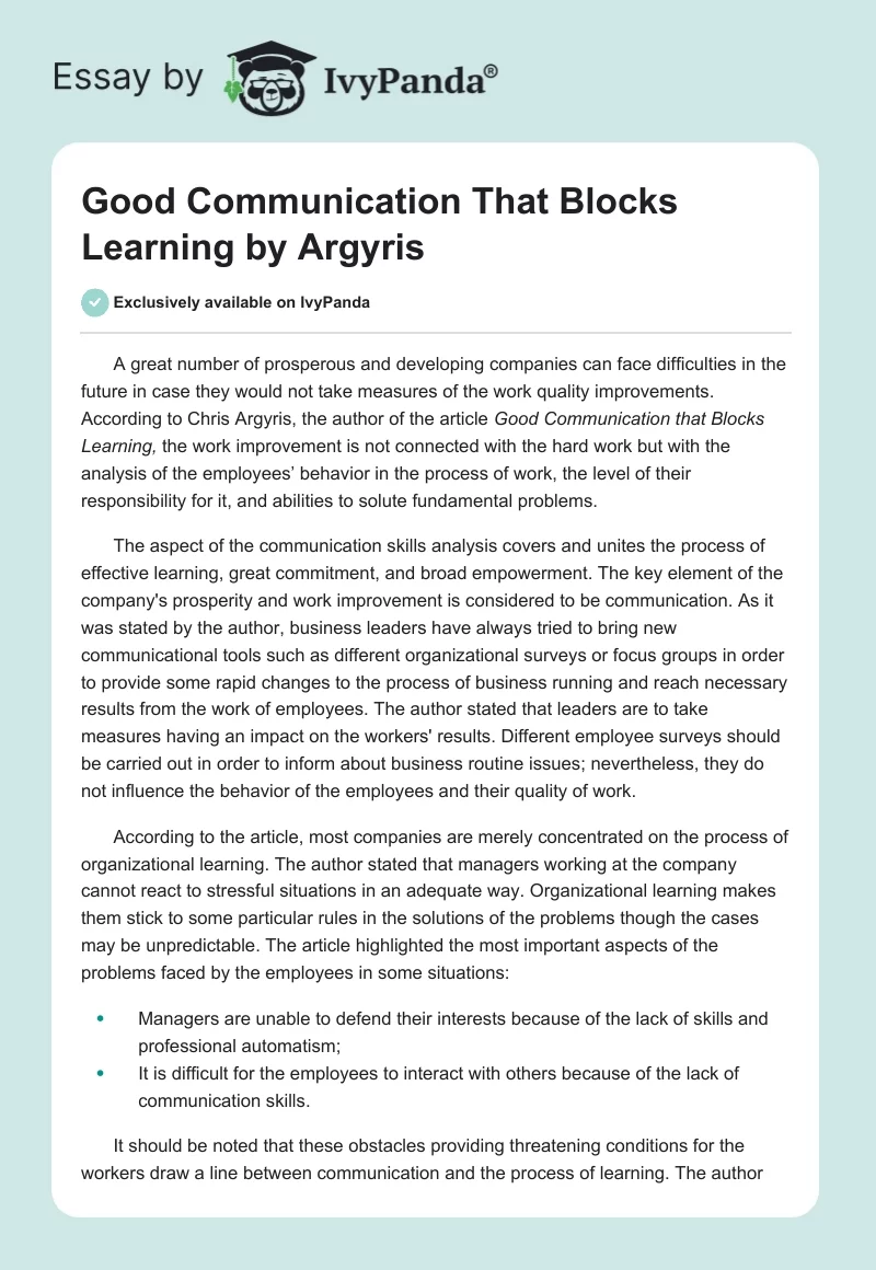 Good Communication That Blocks Learning by Argyris. Page 1