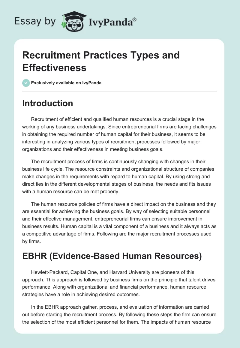 Recruitment Practices Types and Effectiveness. Page 1