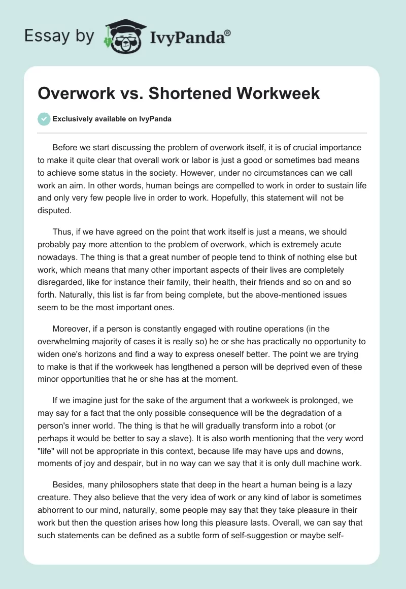 Overwork vs. Shortened Workweek. Page 1
