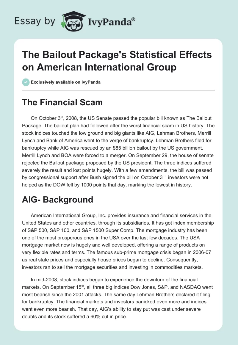 The Bailout Package's Statistical Effects on American International Group. Page 1