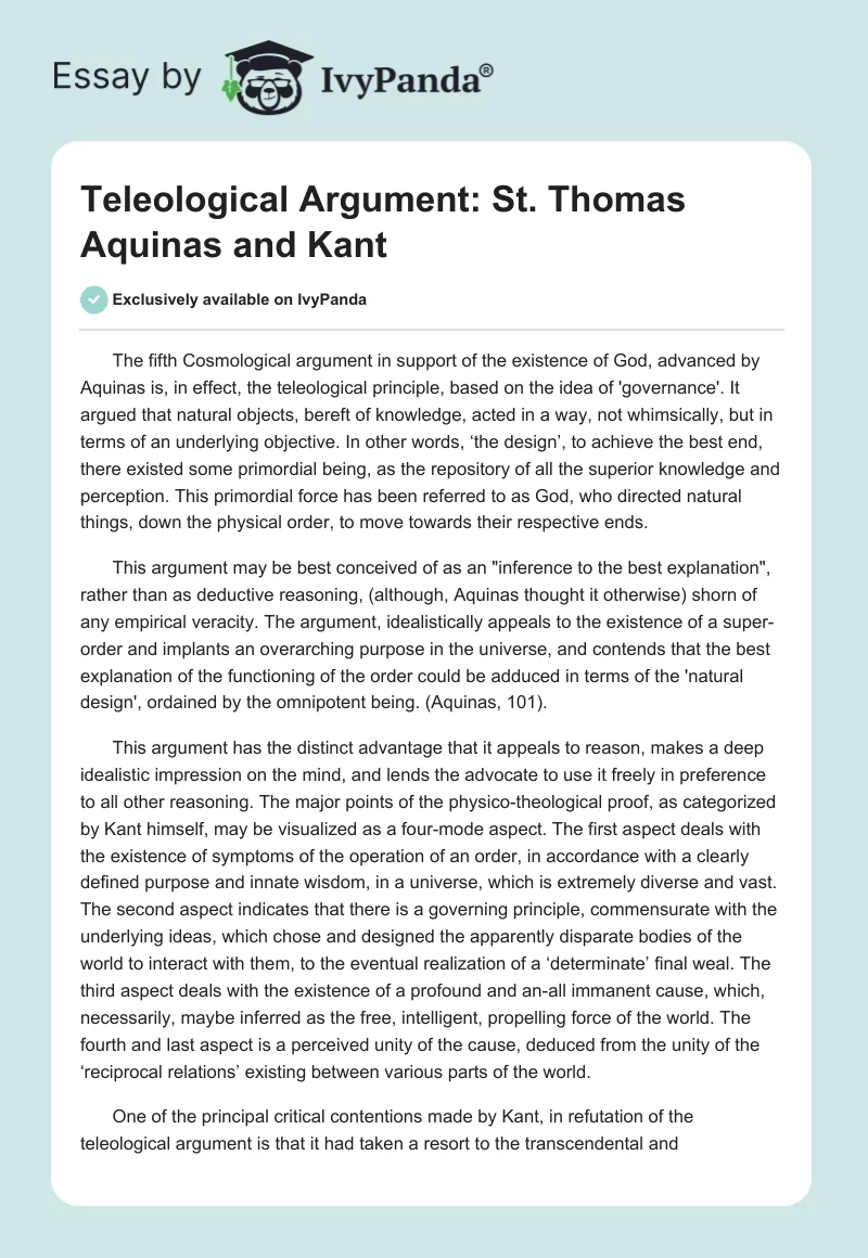 Teleological Argument: St. Thomas Aquinas and Kant. Page 1