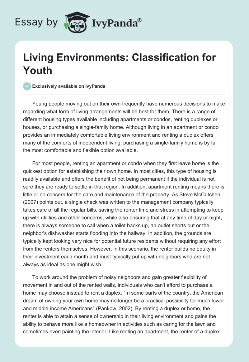 Living Environments: Classification for Youth. Page 1