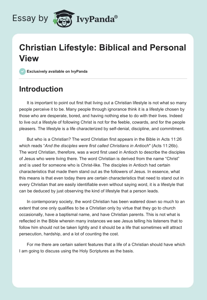 Christian Lifestyle: Biblical and Personal View. Page 1