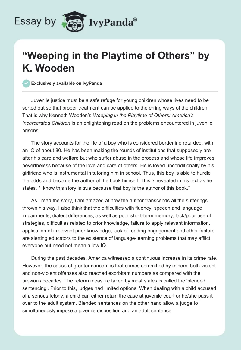 “Weeping in the Playtime of Others” by K. Wooden. Page 1